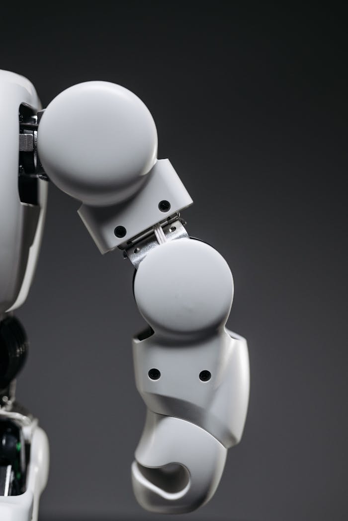Detailed view of a modern robot arm showcasing advanced robotics technology.